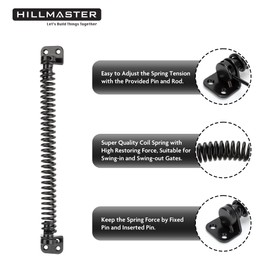 HILLMASTER 12" Gate Spring Self Closing Outdoor Door Spring Automatic Gate Closure Hardware with Adjustable Tool for Wooden Vinyl Fence, Black Finish