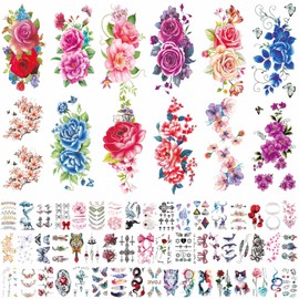 64 Sheets Flowers Temporary Tattoos for Women Girls Adults, Shemboli 3d Colorful Floral Tattoo Realistic Fake Tattoos, Waterproof Butterfly Tattoo Stickers, Fake Body Arm Neck Chest Shoulder Tattoos