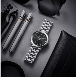 BUREI Watches Men Quartz Waterproof Analog Men Wrist Watch, Black-Silver