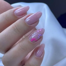 Shiny Flower Press on Nails Short Almond Fake Nails French Tip Nails Press ons Colorful Flowers Acrylic Nails Nude Pink Full Cover Glue on Nails Floral False Nails for Women Girls 24 Pcs