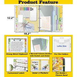 1 Inch 3 Ring Binder Organizer, Three Ring Binder with Clipboard, 5-Tabs Pockets Dividers, Transparent Folder,18 Divider Stikers, BVSSX Decorative Binders for Letter Size 8.5"x11" Paper (Seasons Tree)