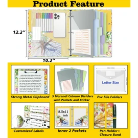 1 Inch 3 Ring Binder Organizer, Three Ring Binder with Clipboard, 5-Tabs Pockets Dividers, Transparent Folder,18 Divider Stikers, BVSSX Decorative Binders for Letter Size 8.5"x11" Paper (Seasons Tree)