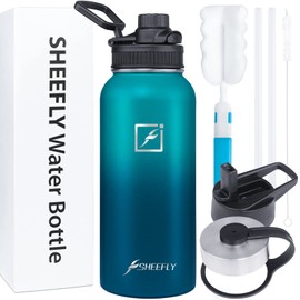 SHEEFLY Insulated Water Bottles, 32oz Vacuum Stainless Steel Water Bottle with Straw & 3 Lids Wide Mouth Metal Water Bottle Leak Proof BPA Free Insulated Sports Water Bottles Keep Hot & Cold (BDblue)