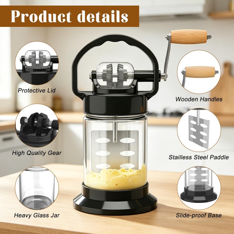 Upgraded 1L Manual Butter Churner with Non-Slip Base & Finger-Safe
