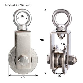 KCNOFNC 40 mm Pulley with 2 Ball Bearings, Stainless Steel Fitness Pulley, Pulley for 8 mm Ropes, Steel Cable, Load Capacity 200 kg, Pack of 2
