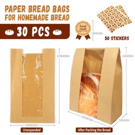 WNSIRVY 30 Pack Large Bread Bags for Homemade Sourdough Bread - Kraft Paper Storage Bakery Bags with Clear Window Bonus 50 Seal Stickers for Sourdough Sandwich (13.7x8.2x3.5 Inches, Brown)
