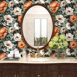 Floral Wallpaper Peel and Stick, Vintage Large Blooming Flowers Contact Paper 17.5" x 393.7", Retro Wall Paper Self Adhesive Removable Waterproof for Room Walls Shelves Cabinet Table (Orange, Green)