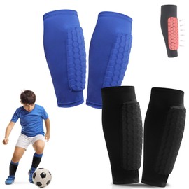 Shin Defender Shin Guards Kids, 2 Pairs Youth Soccer Shin Guard Sleeves with Honeycomb Pads, Shindefender Mini Shin Guards Soccer Kids 8-10/10-12 (Black+Blue)