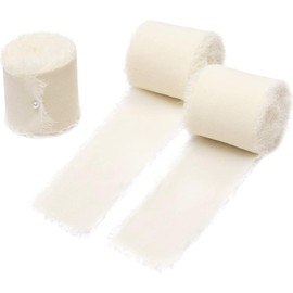 Handmade Fringe Chiffon Ribbon - 3 Rolls Silk and Rose Pink Cotton Linen With Frayed Edges - Craft Fabric Cloth Ribbon for DIY Projects - White, 4cm x 5m