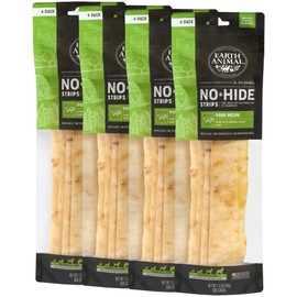 Earth Animal No Hide Strips Pork Flavored Natural Treats | No Rawhide | Quick & Thin Dog Chews | 4 Pack, 16 Count