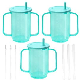 SENONAPO 3 Pcs Adult Sippy Cups for Elderly with 2 Handles and Straw Lid 12 oz Plastic Straw Cups Elderly Drinking Cups Green Spill Proof Cups for Adults Disabled Patients Hospital Supplies