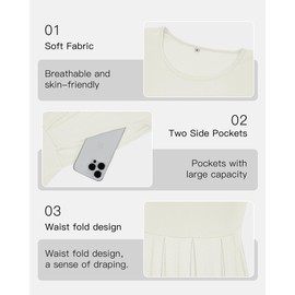 AUSELILY Women's Short Sleeve Summer Dress Pleated Loose Swing Knee Length Dresses with Pockets 2025 New White S