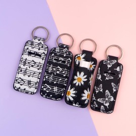 BKBKAAK 4 Pcs Lipstick Sleeves Holder Keychain, Black and White Style Elastic Fabric Lip Balm Key Chain, Music Note & Butterfly & Flower Lip Balm Holder Keychains for Women, Teacher, Nurse