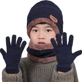 T WILKER 3Pcs Boys&Girls Winter Knit Hats Neck Warmer Scarf and Touch Screen Gloves Ski Beanie Cap Scarves and Gloves Set for Kids (Navy Blue)