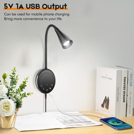 SANKEDOU Wall Mounted Reading Light, Bedside Headboard Lights with 5 Dimming & Color Temperature, USB Output, Night Light & Timers Function, Flexible Gooseneck 3000K-6000K Upgrade Bed Lamp (Black)