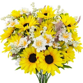 FOUSUKA 5 Bunches Artificial Sunflowers Bouquets, Fake Silk Sunflower with Faux Daisy Wildflowers Plants for Home Decor Indoor Floral Arrangements Table Centerpiece Bridal Wedding Decor (Yellow)