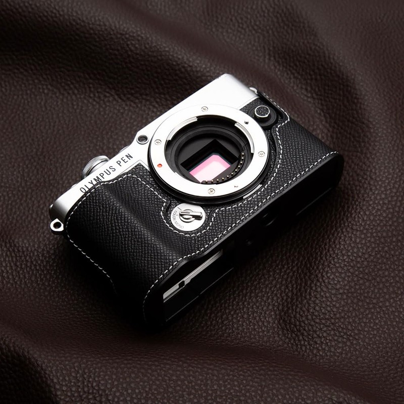 DBZZ E-P7用本革ハーフケース, メタル底板付き OLYMPUS PEN用 ブラック