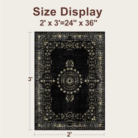 Small Area Rug 2x3 Ft Door Mat Machine Washable Kitchen Bathroom Entrance Thin Rug, Printed Faux Wool Non Slip Carpet for Inside House Front Door Sink, Retro Bohemian Style (Black Gold)
