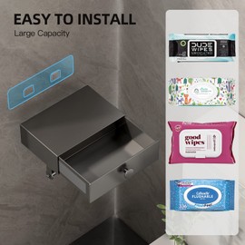 VOLDRA Toilet Paper Holder with Shelf Adhesive Toilet Paper Holder with Storage Upgrade Drawer Design Wipes Dispenser for Bathroom Toilet Tissue Holder Small Bathroom Shelf Wall Mount（Matte Gray）