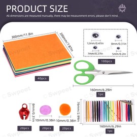 Swpeet 202Pcs 40 Colors 8 x 12 Inches Felt Fabric Sheet with Making Tools Assortment Kit, Including Wool Felt Balls, 6mm Craft Bells, Buttons, Plastic Eyes, Embroidery Thread and Scissors for Crafting