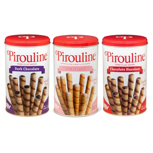 Pirouline Rolled Wafers – Best Flavor Mix – Chocolate Hazelnut, Dark Chocolate, and Strawberry – Rolled Wafer Cookies for Coffee, Tea, Ice Cream, Snacks, Parties, Gifts – 14.1oz Tin 3pk…