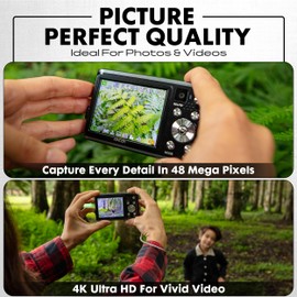 Minolta 48MP Digital Camera – 4K Ultra HD Video, Rear Selfie Lens, 2.8-inch LCD Screen, 16X Digital Zoom, Slow Motion, Autofocus, Time Lapse, Color Filters, Scene Modes, 32GB Card (Silver) (Renewed)