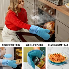 Oven Mitts and Pot Holders 4 Sets, Heat Resistant 500 ℉ Oven Mitt and Pot Holder, Long Oven Mitts with Recycled Cotton Infill and Silicone Non-Slip Surface for Baking and Cooking(Blue)