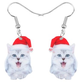 DOWAY Acrylic Christmas Hat American Short Hair Cat Kitten Earrings Drop Dangle Pet Jewelry For Women Girl Kid Charm Gift (White)