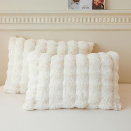 LIFEREVO 2 Pack Fluffy Faux Rabbit Fur Pillow Cases, Luxury Soft Plush Shaggy Bubble Pillowcases Standard Size with Zipper Closure, Furry Fuzzy Ivory Long Pillow Shams Bedroom Living Room 20x26, Beige