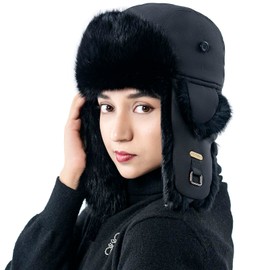 HEYANN Trapper Hat,Russian Ushanka,Winter Hats for Men Women,Real Rabbit Fur Fuzzy Hunting Ski with Ear Flaps(Black,XL)