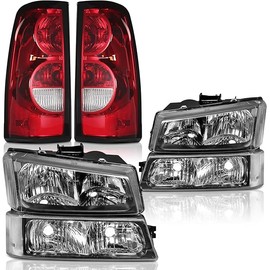 Headlights Tail Lights Assembly Combo for 2003-2006 Chevy Silverado 1500 2500 & HD Models, 2007 Chevy Silverado Classic Headlamp w/Rear Brake Lamps, Black Housing Clear Corner