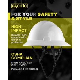 PACIFIC PPE Full Brim Hard Hat, OSHA Construction Work Approved, HDPE Safety Helmet with 4 Point Adjustable Ratchet Suspension, Class E, G & C, White