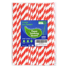 Lives on Green Disposable 7.75 inch Red White Striped Paper Straws Biodegradable 100 Counts - for Drinking, Cocktail, Decoration, Party, Crafts