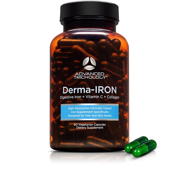 Advanced Trichology Derma-Iron Supplement for Women and Men - Iron blood builder pills for hair and skin with Collagen and natural Vitamin C, low iron and ferritin, thinning hair, hair loss support