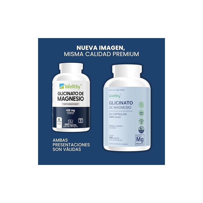 Wellthy Glicinato Magnesio 300 Cápsulas 432mg 100 Natural Puro Alta