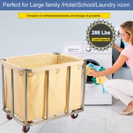 Commercial Laundry Cart,11.35 Bushel Home Large Stainless Steel Laundry Basket with 4 Wheels and waterproof lining, Heavy Duty Rolling Laundry Hampers,286 Lbs Load