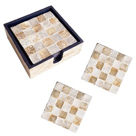 6 Pack Mother of Pearl Squre Coasters with Holder, Seashell Inlay Square Cup Holders with Organizer, Decorative Coasters Capiz Shell Trivet for Coffee Table, 4.8", I-lan