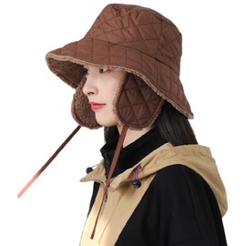 Quilted Bucket Hat Winter Warm Hat for Woman Down Padding Bucket Cap Fishing Hat Thick Plush Earflap Fisherman Bucket Hats Coffee