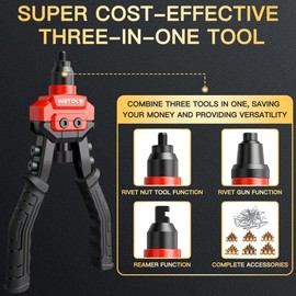 WETOLS 3 in 1 Rivet Nut Tool, Rivet Gun, Reamer Set, Professional Rivet Gun Kit with 5 Rivet Heads and 6 Metric & SAE Mandrels, Hand Riveter Tool with 50 Rivets and 60 Rivet Nuts, Sturdy Case, WE-890