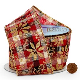 2 1/2" X 10 Yards Gold Poinsettias On Plaid Wired Ribbon Christmas