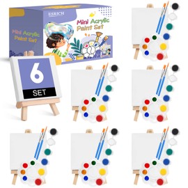 ESRICH 6 Set Mini Acrylic Paint Kit,Minis Stretched Canvas with Easel,Acrylic Paint Strips,Paint Palettes,Painting Brushes, Mini Canvas and Easel Set for Kids Artists Beginner,Gift