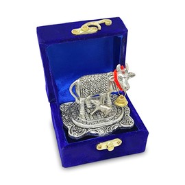 NOBILITY Small Kamdhenu Cow with Calf Metal Statue with Blue Velvet Gift Box Decorative Item Showpiece for Home Office Diwali Decoration Items Wedding Return Gifts