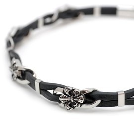 [One] Silver Flare Leather Choker Black Leather Cord Necklace for Men, RA, [Black Slide Magnetic Closure, Genuine Leather] [Width 10 mm Length 45 cm]