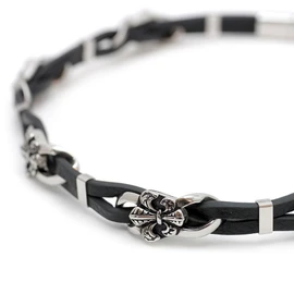 [One] Silver Flare Leather Choker Black Leather Cord Necklace for Men, RA, [Black Slide Magnetic Closure, Genuine Leather] [Width 10 mm Length 45 cm]