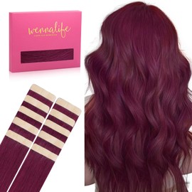 WENNALIFE Tape-In Real Hair Extensions, 35 cm, 25 g, Pack of 10, Invisible Tape-In Extensions, Real Hair Extensions, Remy Straight Hair Extensions, Real Hair, #530 Light Burgundy