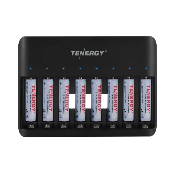Tenergy TN477U Cargador rápido de 8 bahías para baterías recargables NiMH/NiCD AA AAA con 8 baterías recargables AAA de 1000 mAh