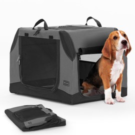 PETSFIT Travel Dog Crate, Soft Dog Crate - 30 Inch Sturdy Adjustable Structure, Easy to Set Up, Dog Crate for Car, Light Tough with 3 Mesh Doors Grey