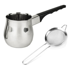 14oz Chai teapot and strainer combo. Turkish coffee pot and fine mesh strainer together for making perfect Prana Chai at home