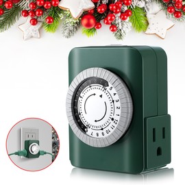 Dunkive 24 Hour 2 Grounded Outlets Mechanical Outlet Timer for Christmas, Plug in Light Timer for Electrical Outlets Indoor, Daily On/Off Cycle, Christmas Tree Timer for Xmas Lights, Green(1 Pack)
