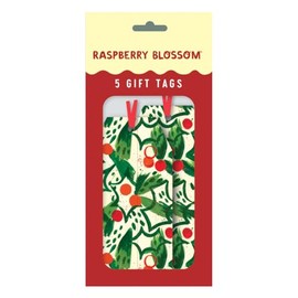 Penny Kennedy Raspberry Blossom Pack of 5 Luxurious Gift Tags with Silk Ribbon Ties for Christmas - Holly Jolly Design - Gift Tags for Presents - Gift Wrap for Christmas - Christmas Wrap